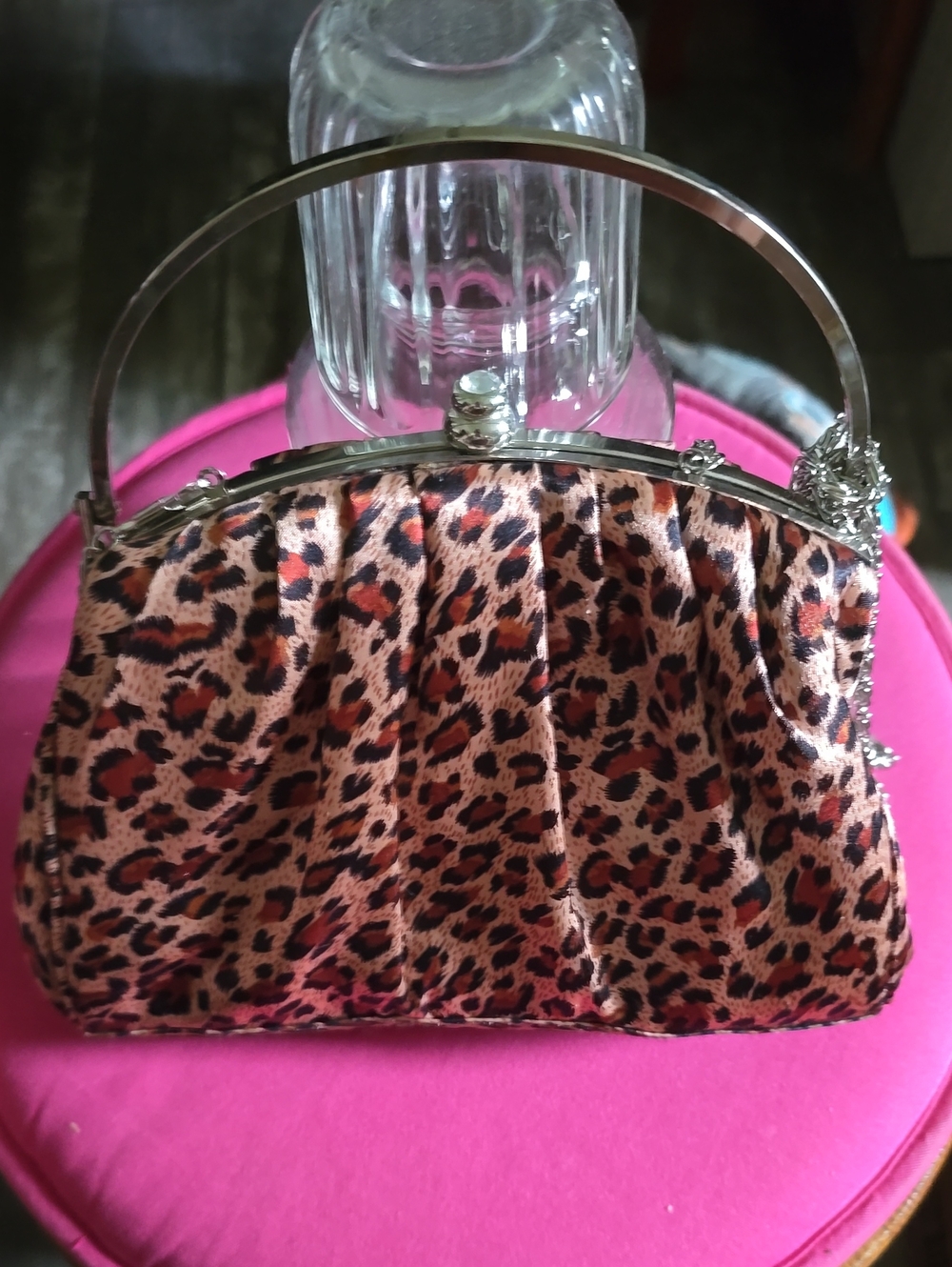 Leopard Print Satin Evening Clutch Bag with Silver Frame